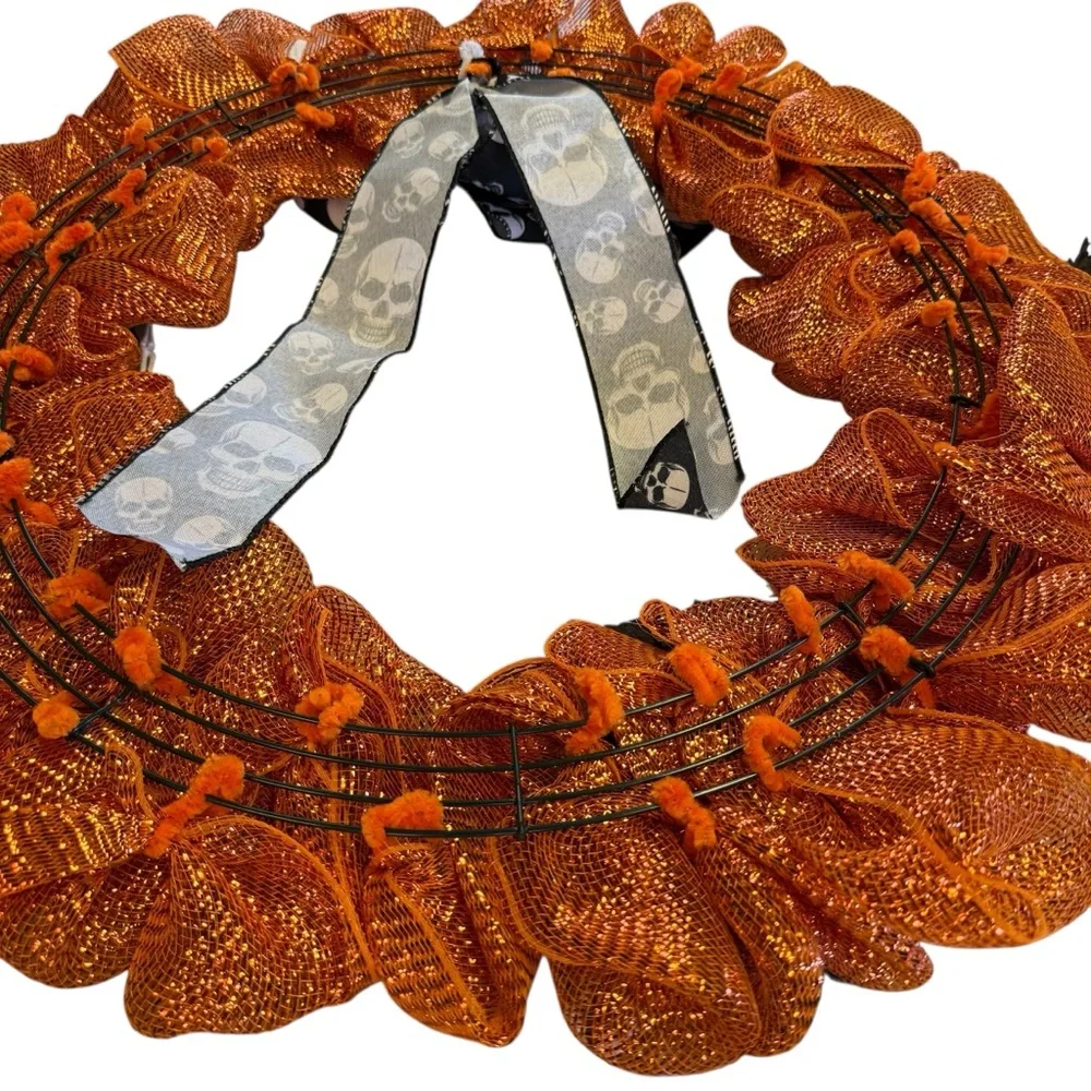 Halloween Orange Deco Mesh Wreath with Skull Ribbon – 24″